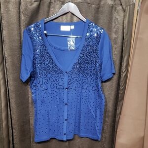 Quacker Factory Blue Sequined Button Down Shirt